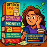Create a colorful, satirical illustration showing a huge stack of trendy personal finance books with dramatic titles like “GET RICH FAST(ISH)” and “MONEY FOR PEOPLE WHO HATE MONEY.” A millennial character sits next to them—coffee in hand, stressed but pretending to be motivated—scrolling on their phone instead of reading. Add sticky notes, highlighters, and unread bookmarks sticking out everywhere. Include sarcastic elements like “Chapter 2” glowing while the rest of the book is dim. Use bold neon accents (yellow, teal, pink) with thick outlines, dynamic lighting, and eye-catching comic-style text for a YouTube-thumbnail vibe. Add playful icons like dollar signs, graphs, and “Financial Anxiety Loading…” to capture the relatable humor.