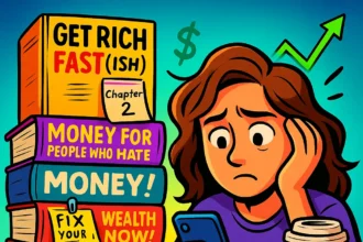 Create a colorful, satirical illustration showing a huge stack of trendy personal finance books with dramatic titles like “GET RICH FAST(ISH)” and “MONEY FOR PEOPLE WHO HATE MONEY.” A millennial character sits next to them—coffee in hand, stressed but pretending to be motivated—scrolling on their phone instead of reading. Add sticky notes, highlighters, and unread bookmarks sticking out everywhere. Include sarcastic elements like “Chapter 2” glowing while the rest of the book is dim. Use bold neon accents (yellow, teal, pink) with thick outlines, dynamic lighting, and eye-catching comic-style text for a YouTube-thumbnail vibe. Add playful icons like dollar signs, graphs, and “Financial Anxiety Loading…” to capture the relatable humor.