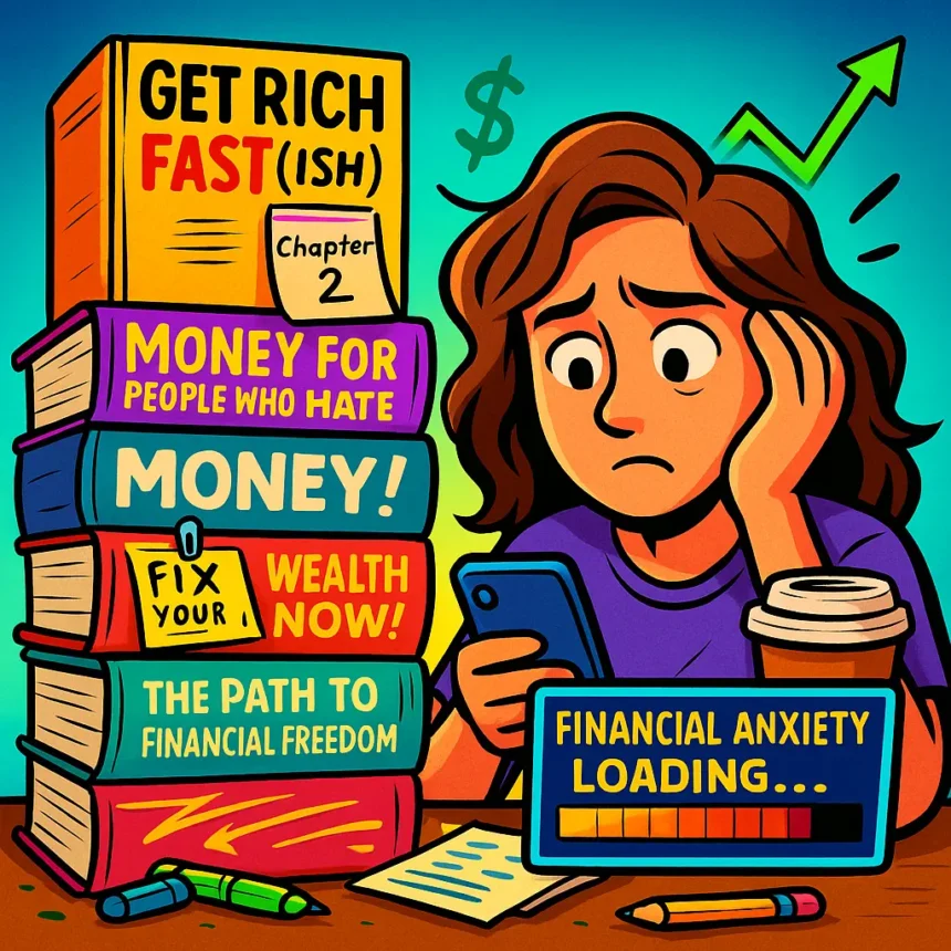 Create a colorful, satirical illustration showing a huge stack of trendy personal finance books with dramatic titles like “GET RICH FAST(ISH)” and “MONEY FOR PEOPLE WHO HATE MONEY.” A millennial character sits next to them—coffee in hand, stressed but pretending to be motivated—scrolling on their phone instead of reading. Add sticky notes, highlighters, and unread bookmarks sticking out everywhere. Include sarcastic elements like “Chapter 2” glowing while the rest of the book is dim. Use bold neon accents (yellow, teal, pink) with thick outlines, dynamic lighting, and eye-catching comic-style text for a YouTube-thumbnail vibe. Add playful icons like dollar signs, graphs, and “Financial Anxiety Loading…” to capture the relatable humor.