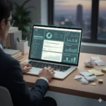 “A clean, professional corporate-style illustration showing a person using advanced personal finance software with dashboards displaying budgets, spending categories, savings goals, and investment tracking. Contrast the organized digital tools with a faint, subtle hint of previous disorganization—such as scattered notes or crumpled receipts off to the side. Use a modern, polished aesthetic with muted corporate colors, precise lines, and a structured layout that emphasizes clarity, discipline, and financial control. Square composition.”