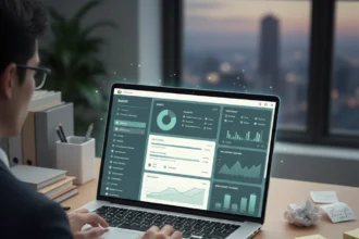 “A clean, professional corporate-style illustration showing a person using advanced personal finance software with dashboards displaying budgets, spending categories, savings goals, and investment tracking. Contrast the organized digital tools with a faint, subtle hint of previous disorganization—such as scattered notes or crumpled receipts off to the side. Use a modern, polished aesthetic with muted corporate colors, precise lines, and a structured layout that emphasizes clarity, discipline, and financial control. Square composition.”