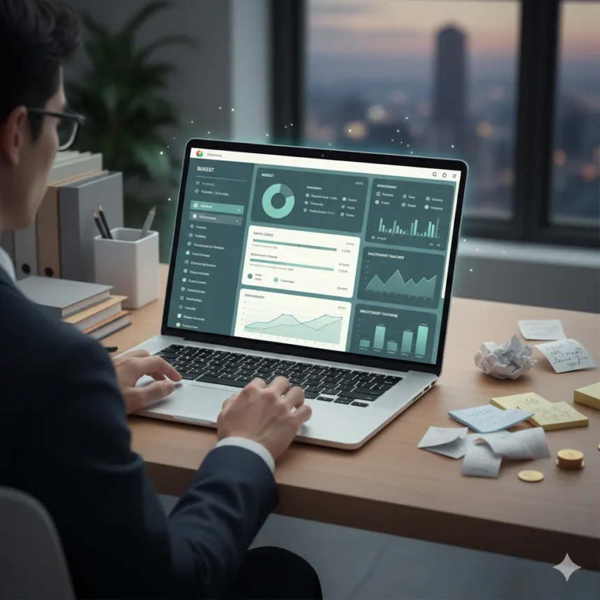 “A clean, professional corporate-style illustration showing a person using advanced personal finance software with dashboards displaying budgets, spending categories, savings goals, and investment tracking. Contrast the organized digital tools with a faint, subtle hint of previous disorganization—such as scattered notes or crumpled receipts off to the side. Use a modern, polished aesthetic with muted corporate colors, precise lines, and a structured layout that emphasizes clarity, discipline, and financial control. Square composition.”