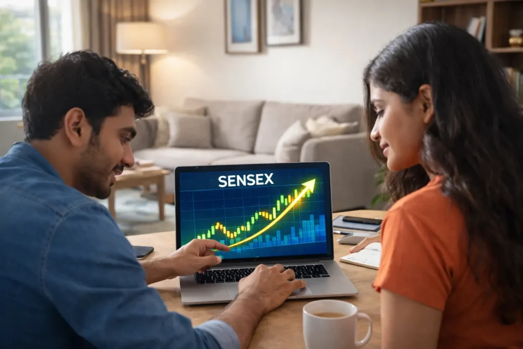 Young investors analyzing Sensex stock charts at home