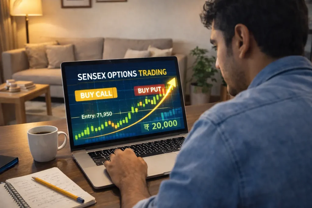 Beginner learning how to trade in Sensex options on laptop
