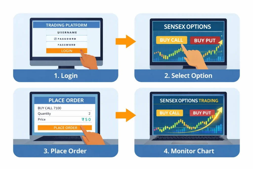Steps to trade in Sensex options shown in sequence