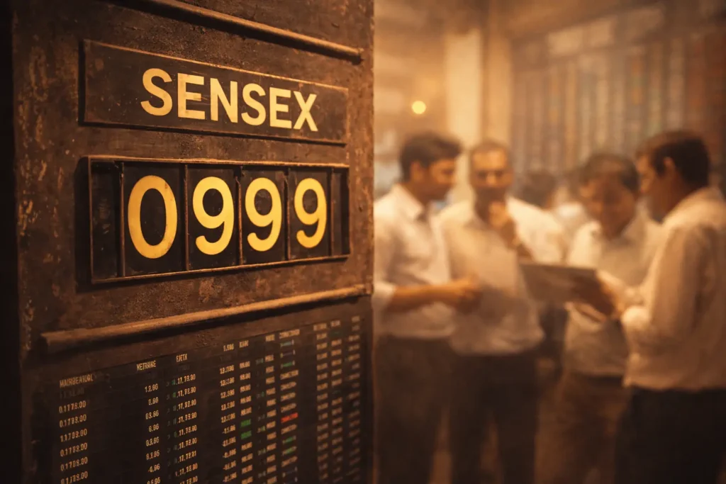 Old stock board showing Sensex near 1000 points in 1990