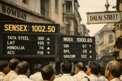Dalal Street Mumbai in 1990 showing Sensex around 1000 points