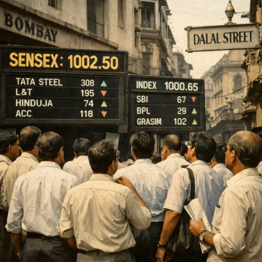 Dalal Street Mumbai in 1990 showing Sensex around 1000 points