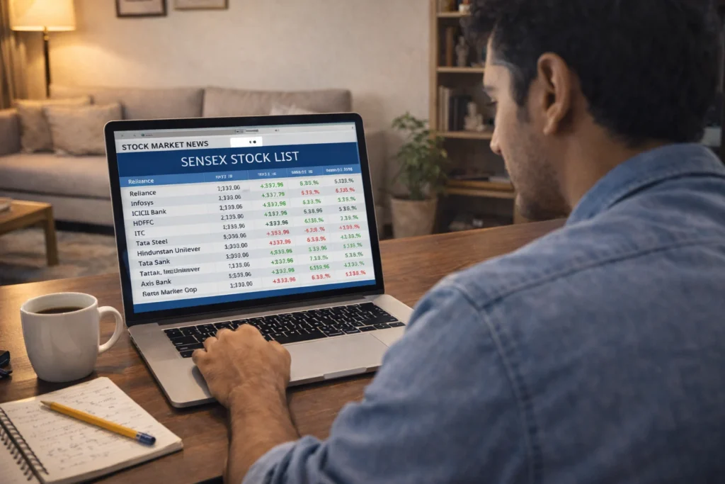 Investor checking list of 30 shares in Sensex on laptop