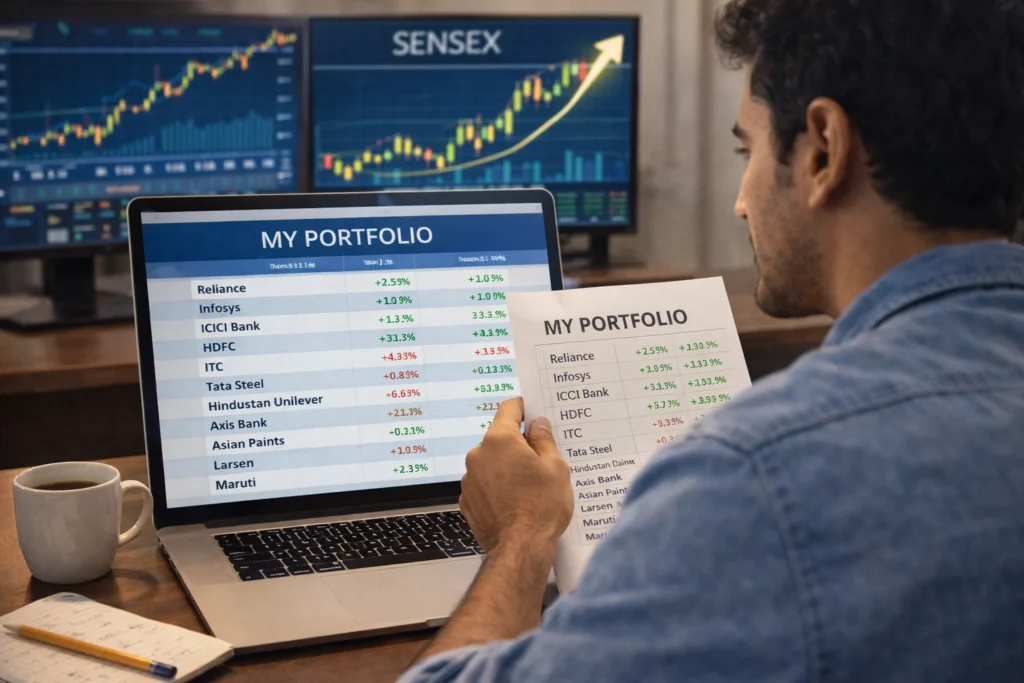 Investor evaluating safety of Sensex stocks investment