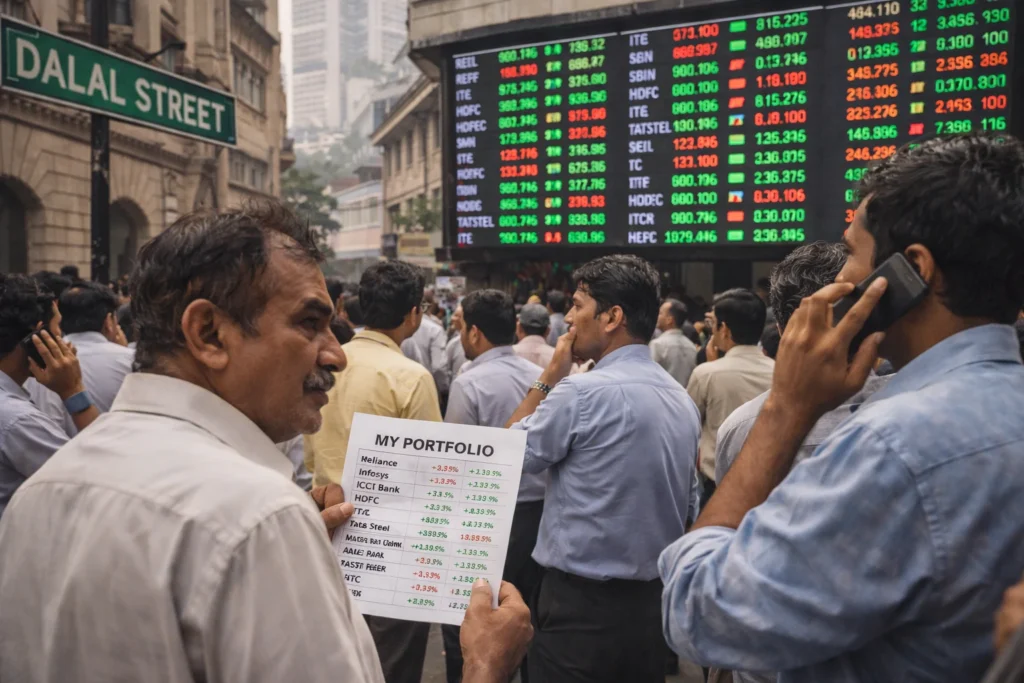Dalal Street traders tracking stock market movement in sensex
