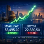 Small cap nifty 50 index chart with Mumbai skyline