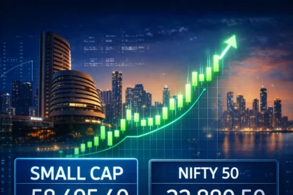 Small cap nifty 50 index chart with Mumbai skyline