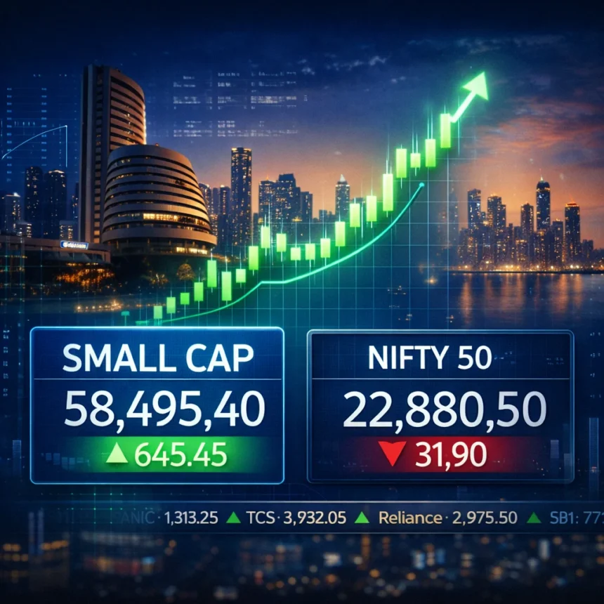 Small cap nifty 50 index chart with Mumbai skyline