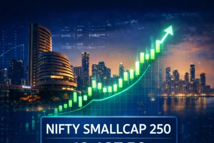 Nifty smallcap 250 index chart with Mumbai skyline