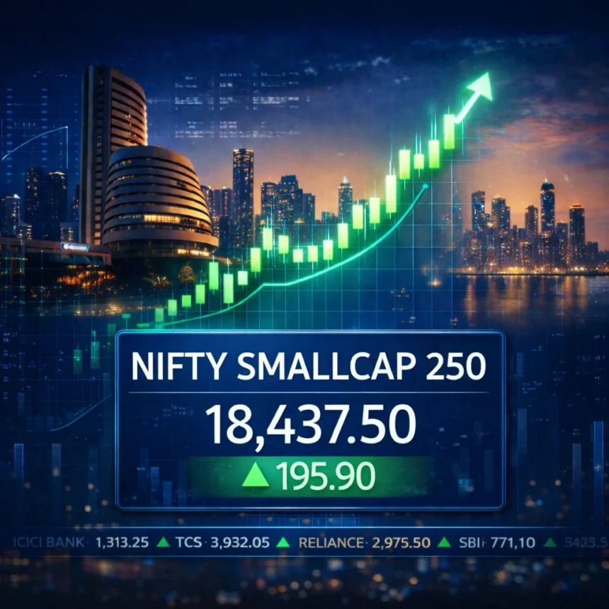 Nifty smallcap 250 index chart with Mumbai skyline