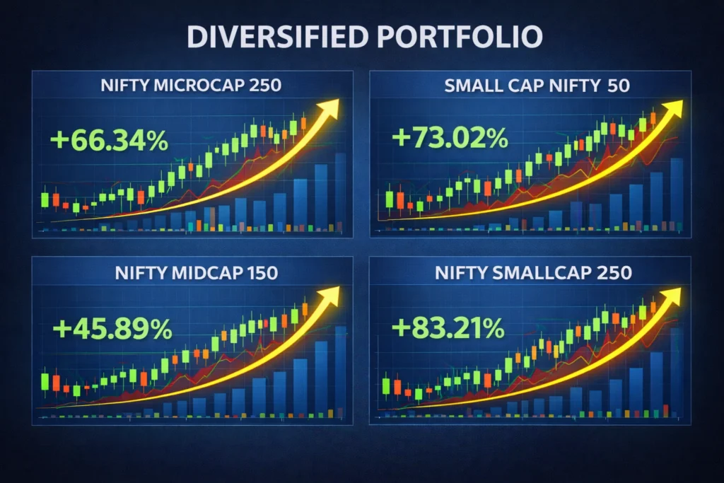 Portfolio showing microcap, smallcap, and midcap index exposure