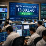 Nifty microcap 250 index chart with Mumbai skyline