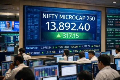 Nifty microcap 250 index chart with Mumbai skyline
