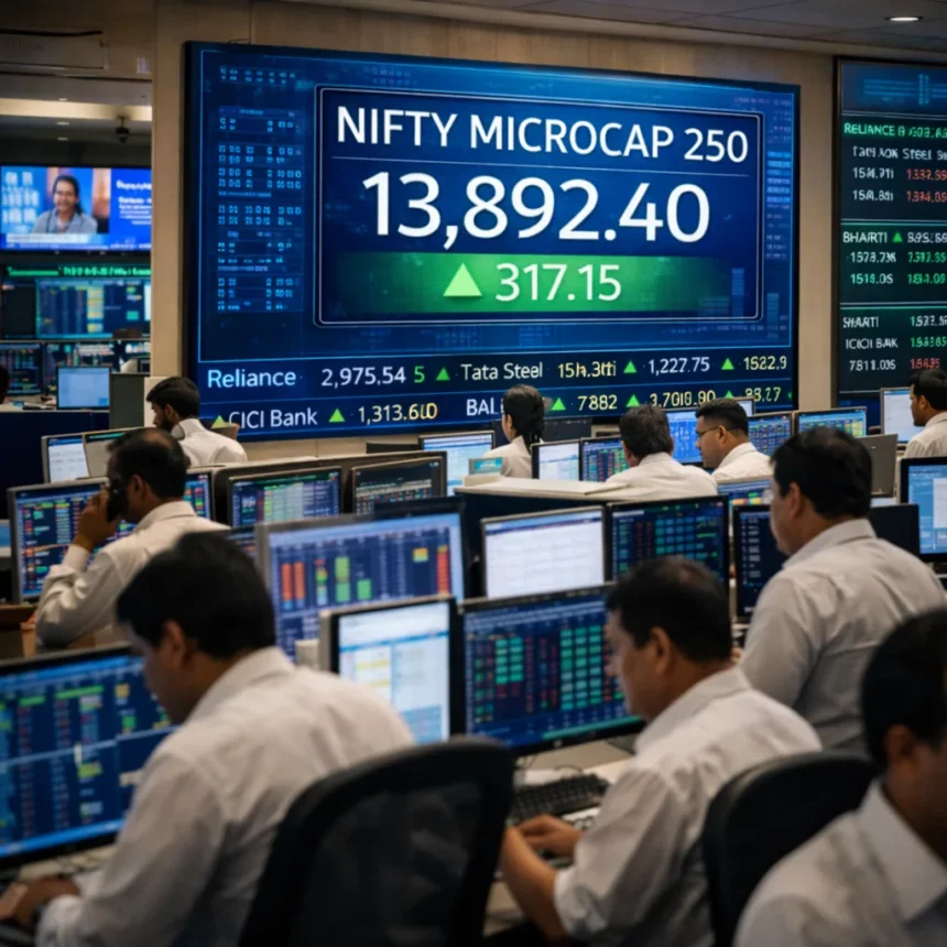Nifty microcap 250 index chart with Mumbai skyline