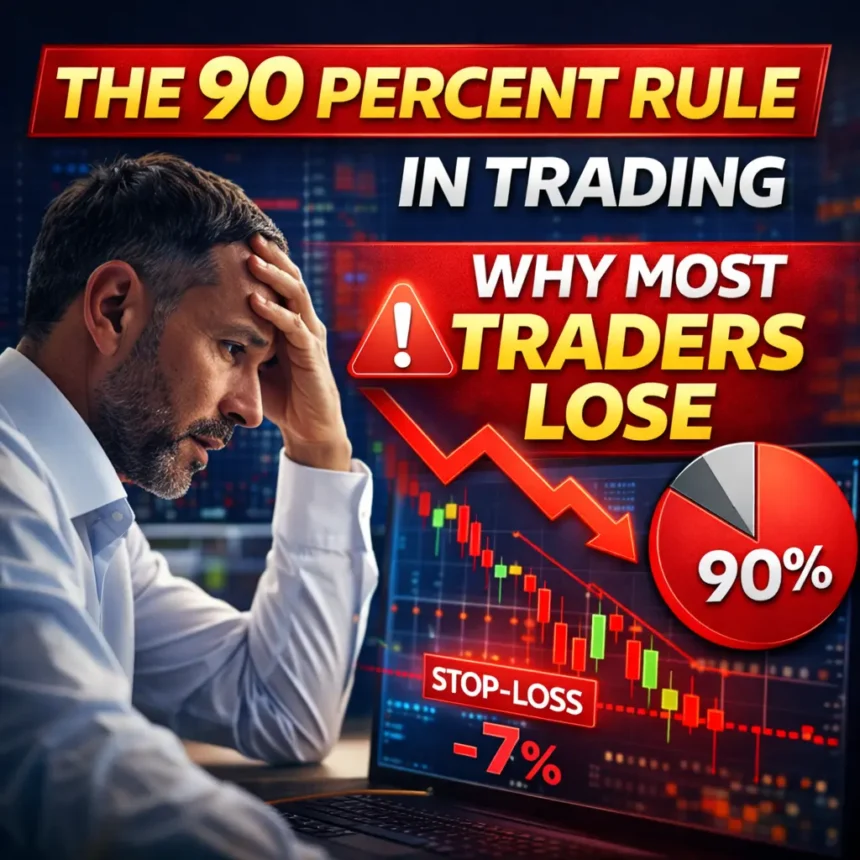 Trader looking worried at stock chart explaining 90 percent rule in trading