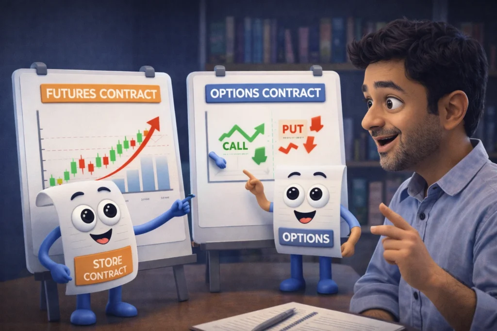 Cartoon explaining futures and options trading concept