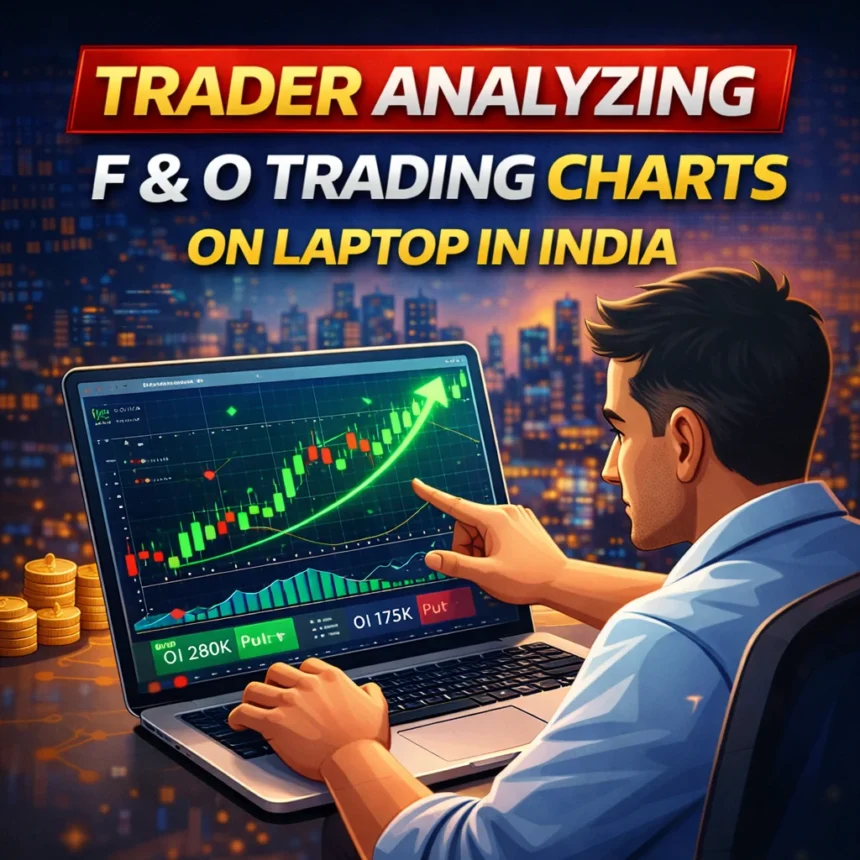 Trader analyzing F and O trading charts on laptop in India.