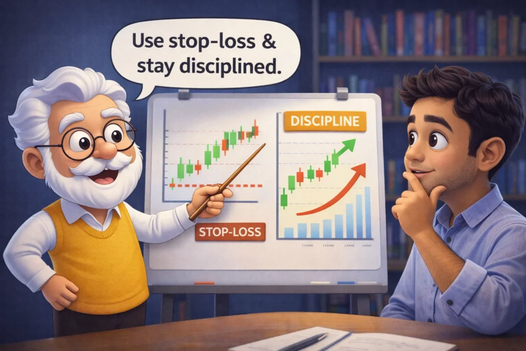 Cartoon mentor teaching F and O trading basics