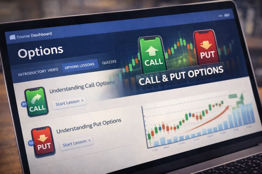 Online options trading course dashboard with lessons