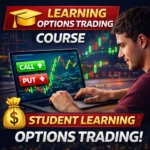Student learning options trading course with charts on laptop