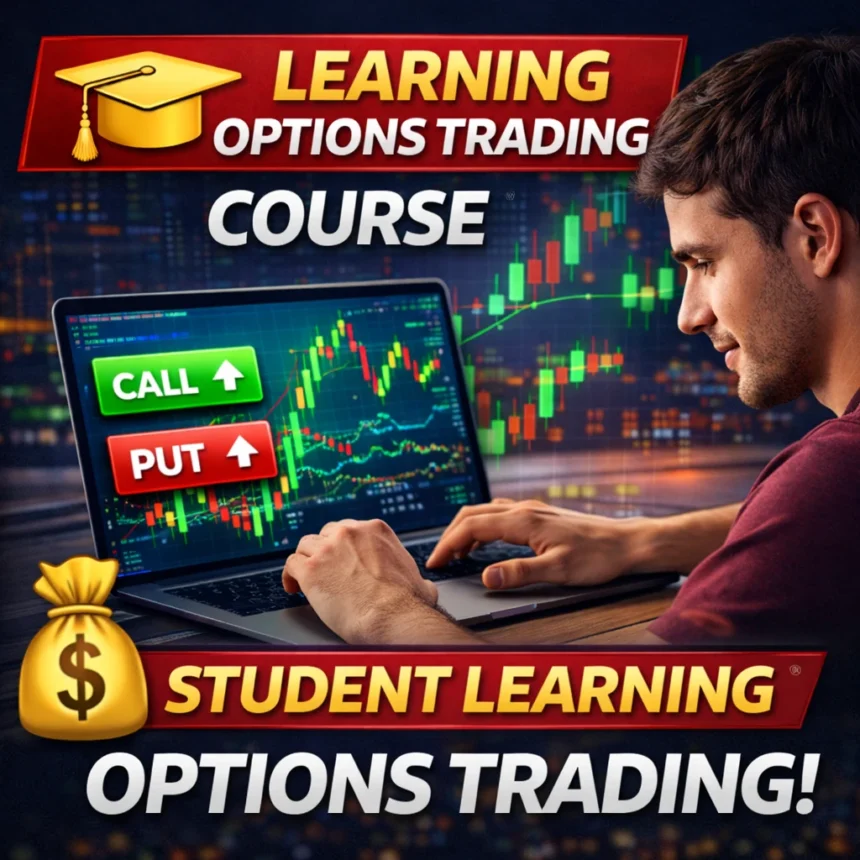 Student learning options trading course with charts on laptop