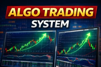 Algo trading system showing automated stock charts on computer screens