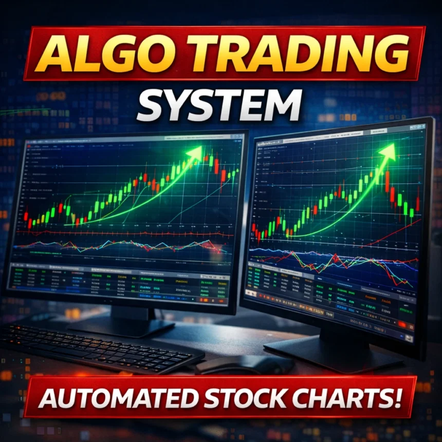 Algo trading system showing automated stock charts on computer screens