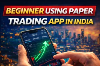 Beginner using paper trading app in India on mobile with stock charts
