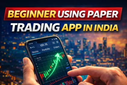 Beginner using paper trading app in India on mobile with stock charts