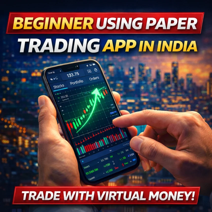Beginner using paper trading app in India on mobile with stock charts
