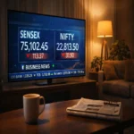 Sensex and Nifty numbers on Indian business news screen