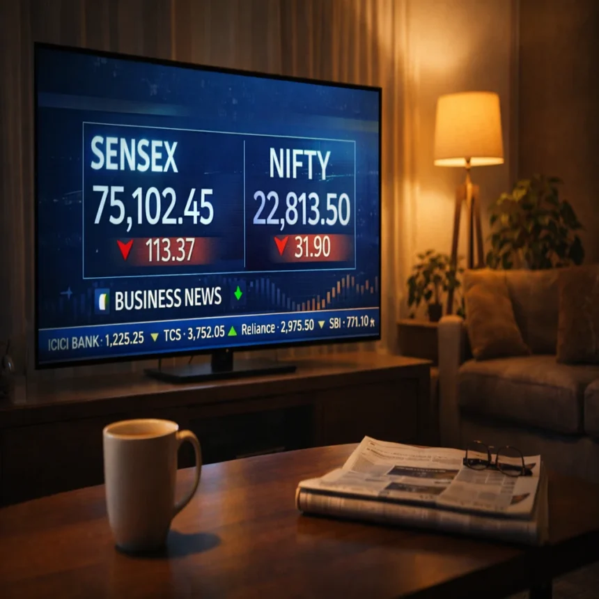 Sensex and Nifty numbers on Indian business news screen