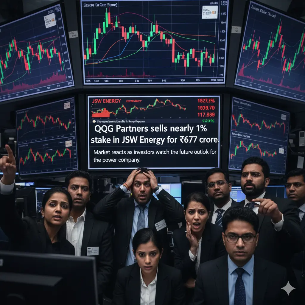 Stock market chart showing JSW Energy performance after GQG Partners sold nearly 1% stake for ₹677 crore.