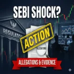 SEBI building with legal documents in foreground and silhouette of stock market trainer representing regulatory scrutiny