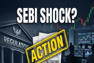 SEBI building with legal documents in foreground and silhouette of stock market trainer representing regulatory scrutiny