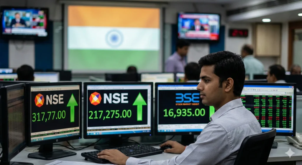 Young stock market beginner comparing trading courses on a laptop with charts and checklist factors in the background.