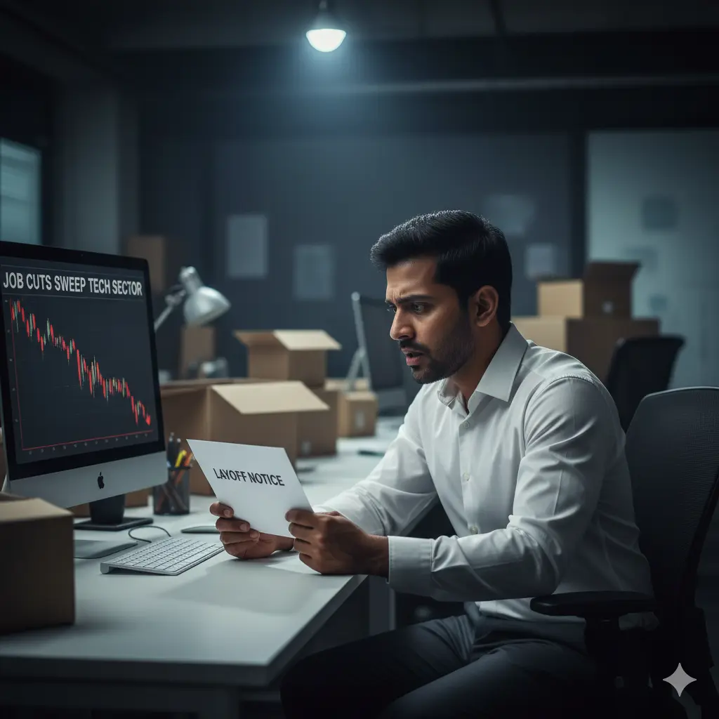 A worried employee sitting with a layoff notice while planning emergency savings using a laptop and financial planner notebook.