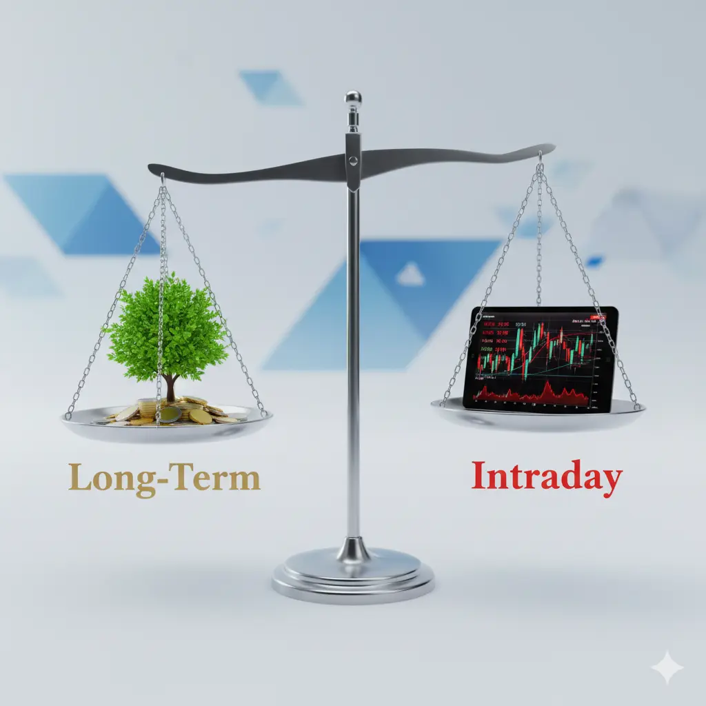 Comparison infographic of long-term investing vs intraday trading with stock market charts and risk vs reward balance scale.