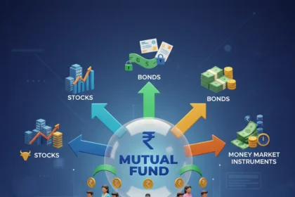 Illustration showing how mutual funds pool investor money to invest in diversified assets in India.