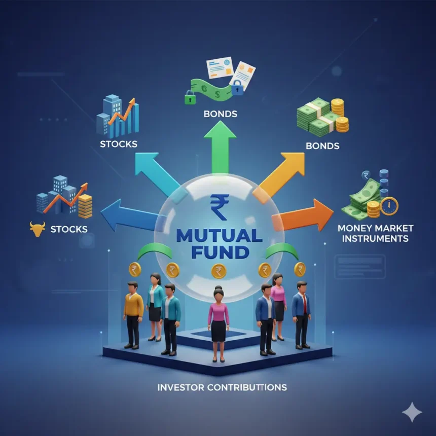 Illustration showing how mutual funds pool investor money to invest in diversified assets in India.