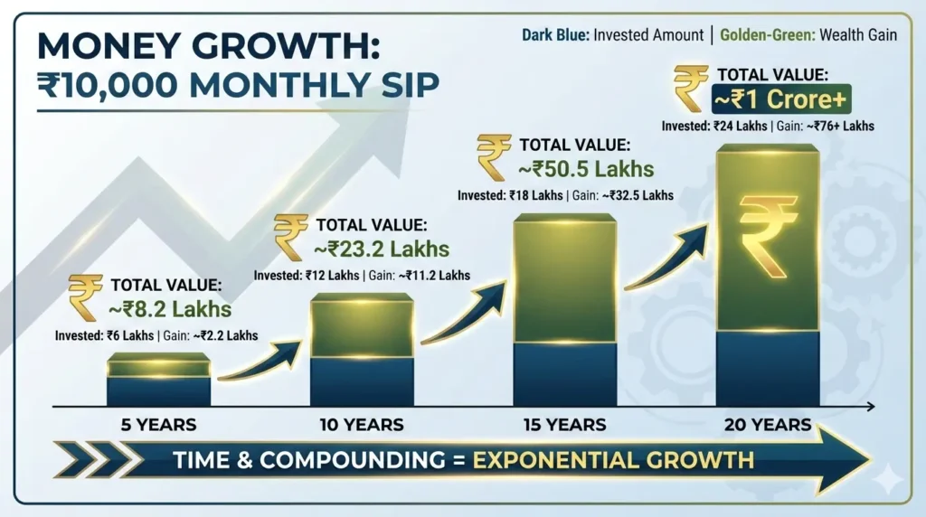 How to Start SIP? Indian investor starting SIP of ₹10,000 per month using mobile app with mutual fund growth chart.