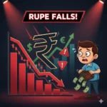 Indian Rupee currency notes falling against the US Dollar graph background showing exchange rate decline.