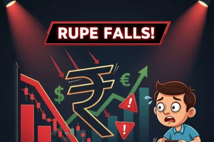 Indian Rupee currency notes falling against the US Dollar graph background showing exchange rate decline.