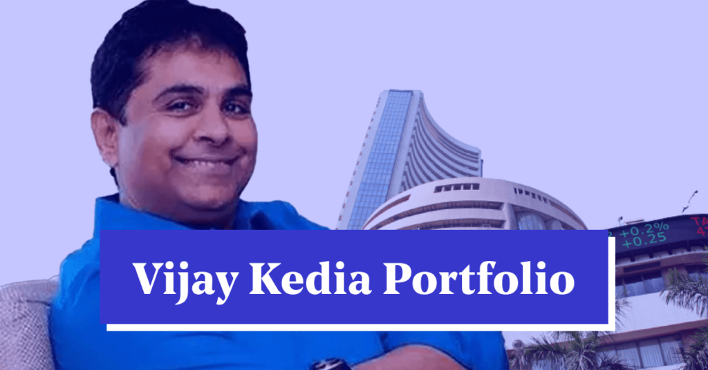 Vijay Kedia portrait with stock market chart showing portfolio growth and investment movement.